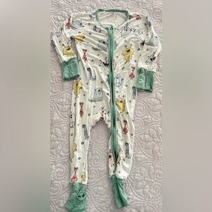 Caden Lane White Footie with Mint Trim and Multicolor Monster Print